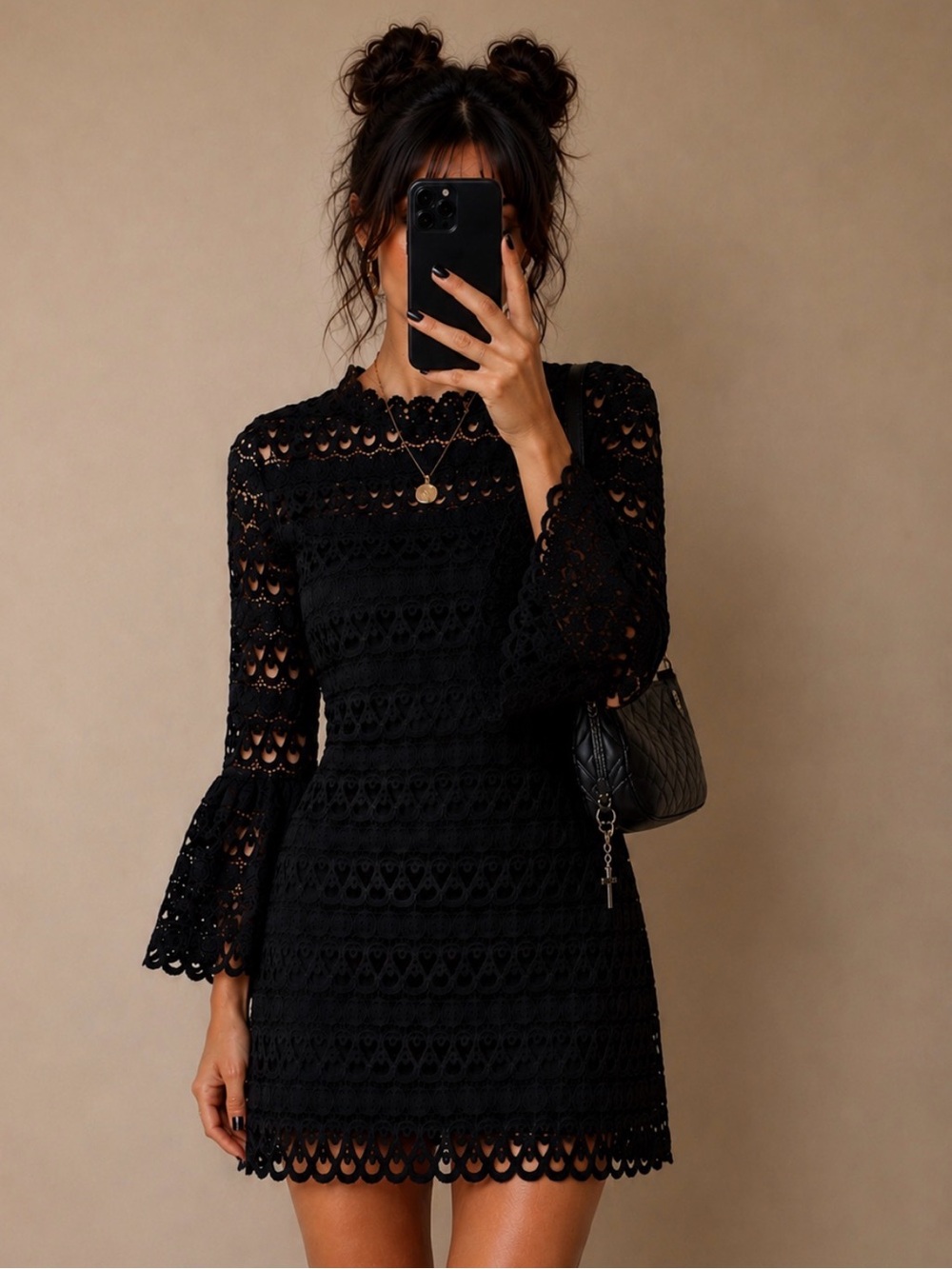 Sugar Lips Black Crochet Lace Bell Sleeve Shift Dress Small Boho Chic